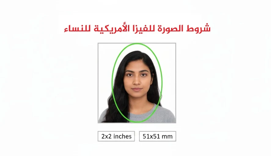 صورة توضيحية تظهر شروط الصورة للفيزا الأمريكية للنساء، مع مثال لامرأة غير محجبة ومقاس الصورة المطلوب 2x2 بوصة أو 51x51 ملم.