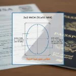 إنفوجرافيك يوضح مقاس صور فيزا أمريكا، يظهر رسمًا بيانيًا للمواصفات المطلوبة: حجم الصورة 2x2 إنش، حجم الرأس بين 25-35 ملم، ومستوى العينين، مع وجود جواز سفر واستمارة تأشيرة في الخلفية.