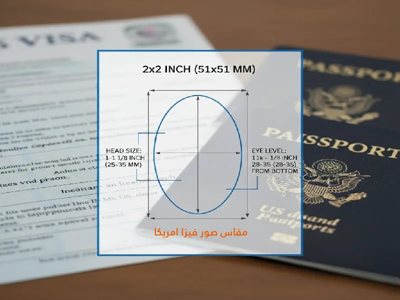 إنفوجرافيك يوضح مقاس صور فيزا أمريكا، يظهر رسمًا بيانيًا للمواصفات المطلوبة: حجم الصورة 2x2 إنش، حجم الرأس بين 25-35 ملم، ومستوى العينين، مع وجود جواز سفر واستمارة تأشيرة في الخلفية.