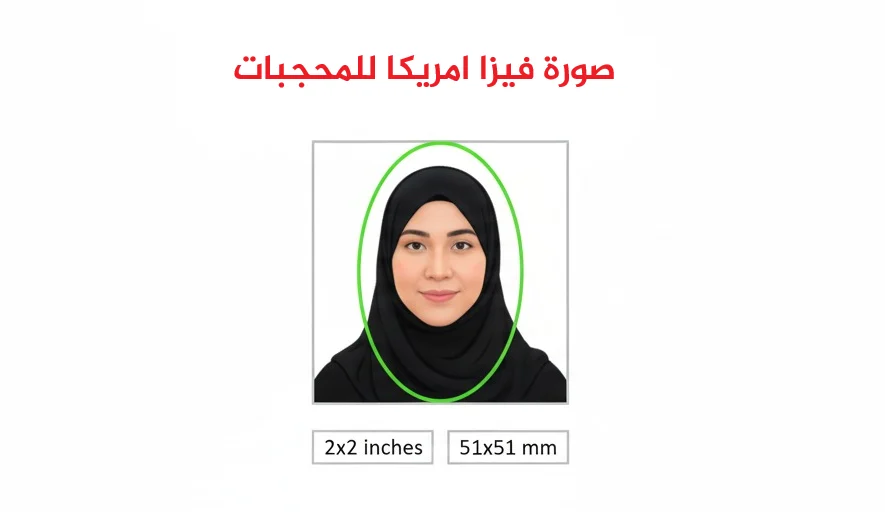 مثال على صورة فيزا أمريكا للمحجبات مطابقة للمواصفات، تظهر فيها امرأة ترتدي حجابًا أسود مع وضوح كامل للوجه، ومكتوب أسفلها المقاس المطلوب 2x2 بوصة أو 51x51 ملم.