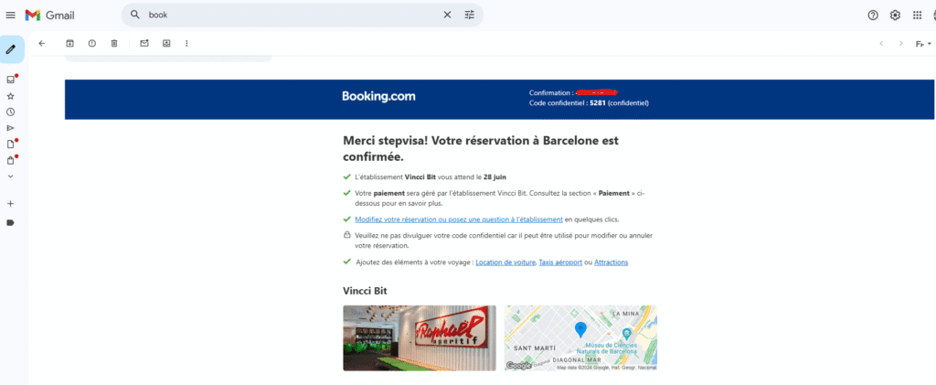 تأكيد الحجز الفندقي عبر الإيميل من booking، وهو المستند الرسمي المطلوب لتقديمه للسفارة.