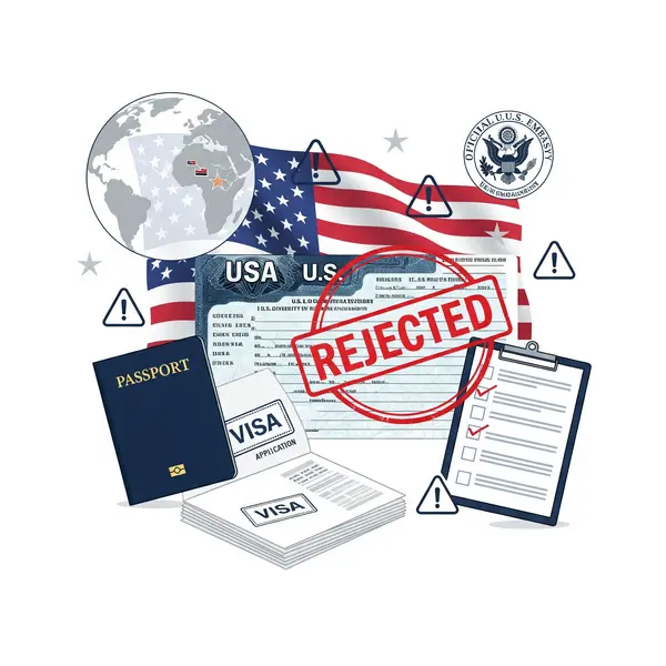 وثائق الهجرة العشوائية (DV Lottery) بختم "REJECTED" (مرفوضة)، تُشير إلى أسباب الرفض المتعددة من جواز السفر إلى نموذج الطلب.