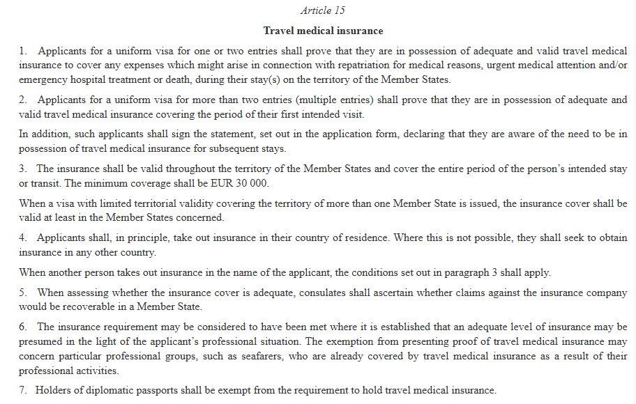 نص المادة 15 من قانون الاتحاد الأوروبي (EC No 810/2009) المتعلقة بمتطلبات التأمين الطبي للسفر لفيزا شنغن.