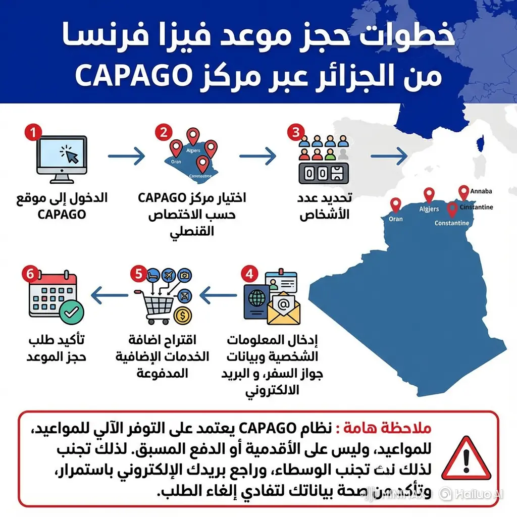 انفوغرافيك خطوات حجز موعد فيزا فرنسا في الجزائر شرح بالصور