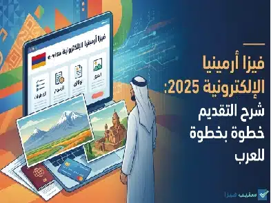 صورة توضيحية لـ خطوات طلب فيزا أرمينيا الإلكترونية E-Visa، تشمل مراحل التسجيل، رفع المستندات، ودفع رسوم التأشيرة عبر الإنترنت.