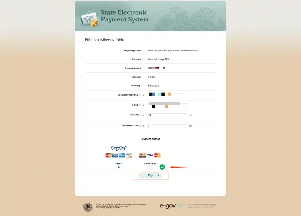 صفحة رسوم التاشيرة التي سوف تدفع مقابل طلب فيزا أرمينيا الالكترونية
