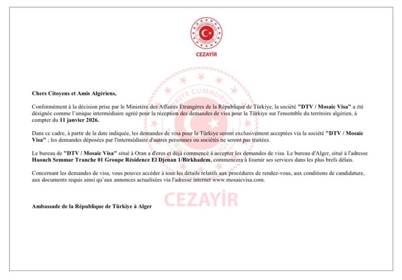 اعتماد Mosaic Visa تأشيرة تركيا في الجزائر